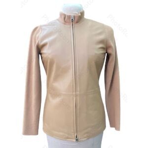 Birch Hill Leather & Merino Wool Full Zip Sweater/Jacket Cardigan Sz S Tan